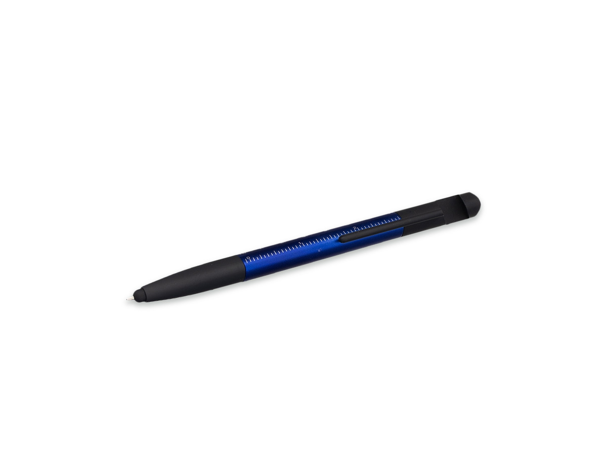 Caneta plástica triangular com ponteira emborrachada para interação em dispositivos de telas sensíveis ao toque. Possui clip com revestimento em feltro no topo, ideal para limpeza de tela, além de abertura que funciona como suporte para celular. Conta ainda com marcação de régua de 7 cm no corpo, acionamento por rotação e carga esferográfica azul de 1,0mm.